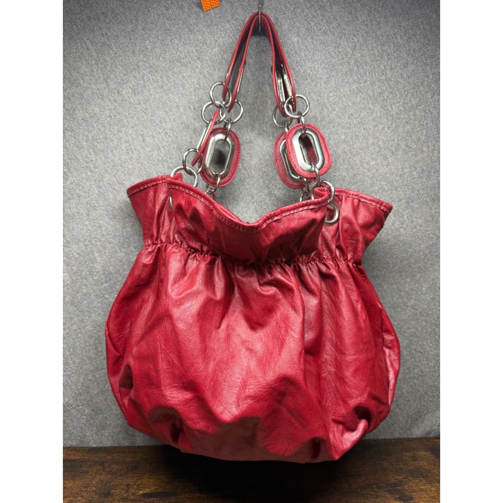 Slouchy Red Faux Leather Shoulder Bag Purse Tote Chain Link Straps Y2K Boho